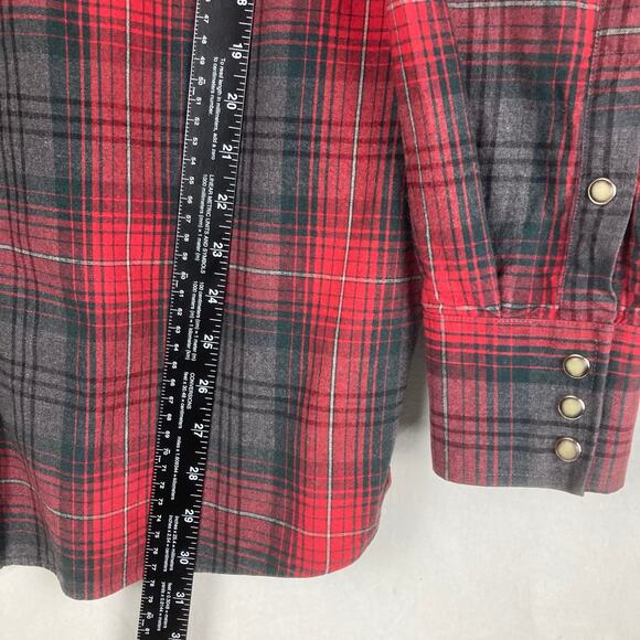 Powder River Button Shirt Men XL Red Gray Plaid Flannel Pearl Snap 100% Cotton - Picture 10 of 10